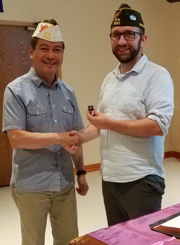 Commander Pete Krawitz (right) presents the Past Commander Pin to Nestor Tamayao during the July business meeting July 6, 2017. Thank you for your service, Nestor!